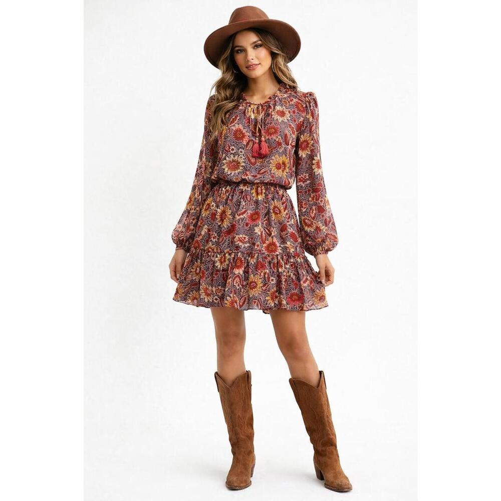 City Triangles Boho Cottagecore Floral Tiered Dress XL Long Sleeve Tassel Tie